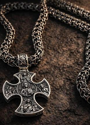 Чоловічий комплект із срібла 925 проби: ланцюг «рамзес» 60 см та хрестик з образами святих, вага 18 г