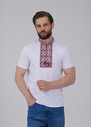 Мужская футболка белого цвета с коротким рукавом «звездное сияние (красная вышивка)»
