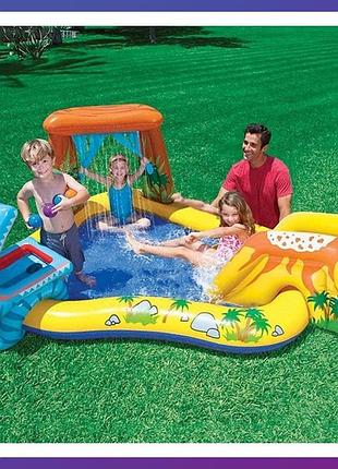 Детский надувной игровой центр с бассейном и горкой 249х191х109 см intex 57444 динозавры