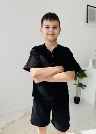 Чорний мусліновий костюм для хлопчика, дитячий літній костюм із мусліну