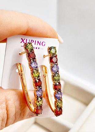 Сережки доріжки з кольоровими цирконами xp 18k. 3,4 см.