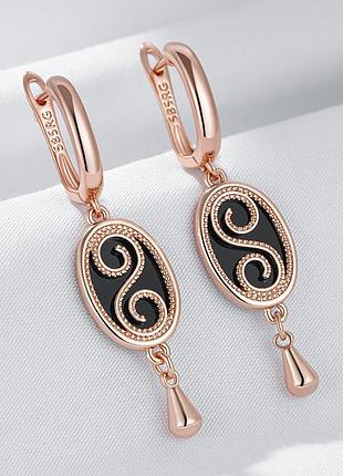 Сережки підвіски з чорною керамікою. 4,5 см.