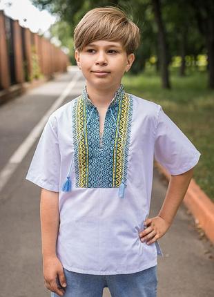 Вышиванка для мальчика козачок 7–13 лет, короткий рукав, поплин, 146, белый с синим