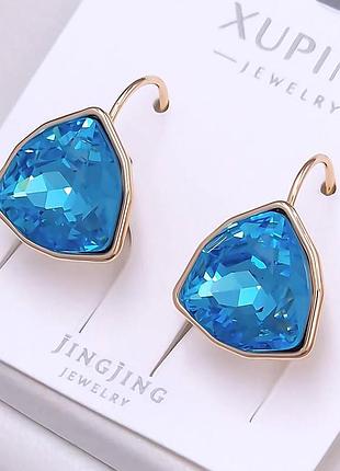 Сережки з блакитними кристалами swarovski , xuping 18k. 1,7 см.