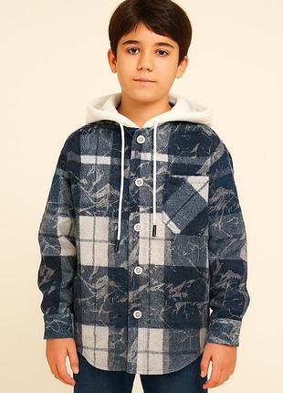 Теплая молодежная кашемировая рубашка оверсайз с капюшоном, турция,синий, 140