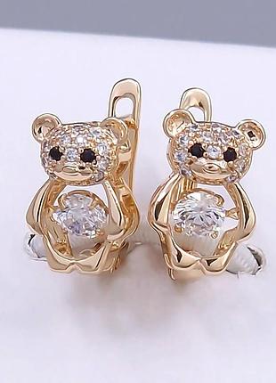Сережки ведмедики з танцюючим камінчиком. xp 18k. 1,4 см.