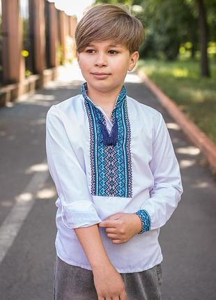 Рубашка-вышиванка для мальчика 6–12 лет, поплин, трансформер, домотканая вышивка,146, белый с синим