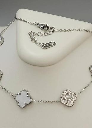Кольє конюшина з перламутром stainless steel, родій. 42+5 см.