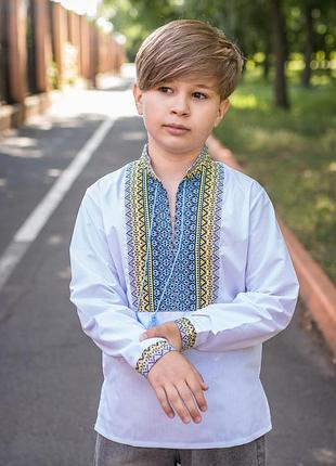 Дитяча вишиванка з домотканими вставками, натуральна тканина, на вік 6–13 років,122, білий з синім