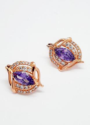 Серьги с фиолетовыми цирконами, медзолото, xp po. 1,8 см.