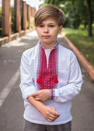 Вышиванка для мальчика 6–13 лет, лен,рукав трансформер, ,152, белый с красным