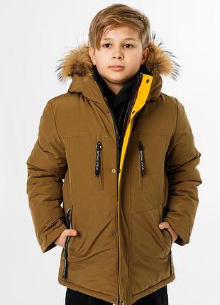Куртка зимняя imydaq style для мальчика 10-15 лет , горчичный, 158