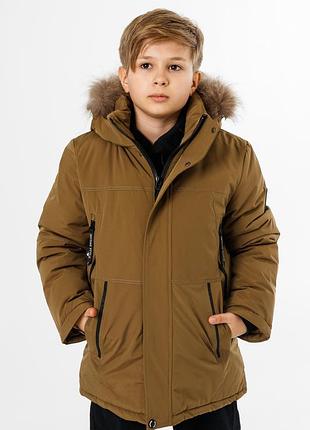 Куртка зимняя imydaq style теплая для мальчика 10-15 лет , горчичный, 146