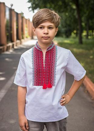 Вышиванка для мальчика козачок 7–13 лет, короткий рукав, поплин, 146, белый с красным