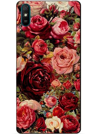 Чехол силиконовый бампер для xiaomi redmi 9a с рисунком красные розы цветы