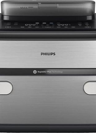 Мультипечь philips ovi dual steamfry 2750вт, чаша-3+6л, сенсорное управл., 8 авто. программ. 2 кош., пластик/металл, серый