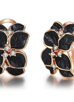 Сережки primo glory у формі квітів з чорними пелюстками та кристалами – gold&black