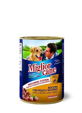 Migliorcane повноцінний вологий корм для дорослих собак у вигляді шматочків, з куркою та індичкою, 405 г