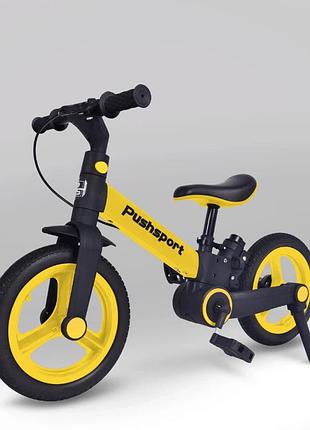 Детский велосипед-биговел 2в1 push sport m10 | ручной тормоз, страховочные колеса и регулируемое сиденье желтый