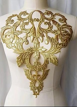 Кружевной термо фрагмент с глиттером, 32х38см, цвет gold, 1шт