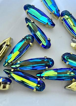 Пришивные капли стекло в золотых цапах lux, цвет bermuda blue, 4x15мм, 1шт