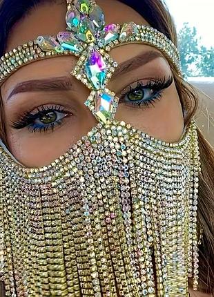 Маска со стразами на лицо (цвет металла золото, стразы crystal ав)