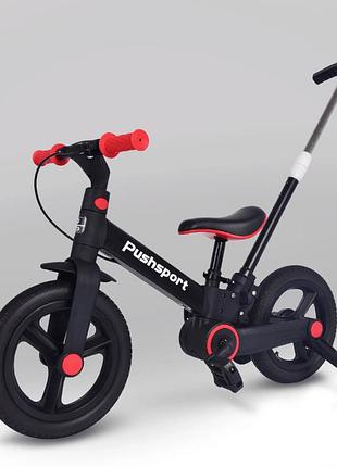 Детский велосипед-биговел 2в1 push sport m10 | ручной тормоз, страховочные колеса и регулируемое сиденье красный