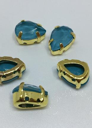 Cтразы в золотых цапах капля candy sea blue 7х10мм, 1шт
