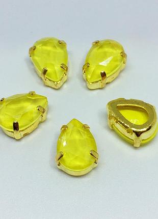 Cтразы в золотых цапах капля candy citrine 7х10мм, 1шт