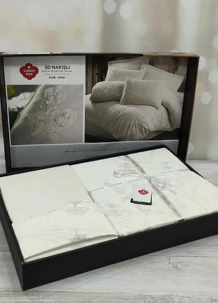 Постільна білизна cotton box de lux saten із 3d вишивкою євро розмір pure ekru