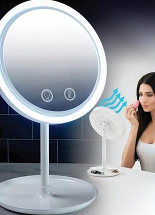 Настольное круглое косметическое зеркало с led подсветкой и вентилятором breeze mirror, белое ly-699-white