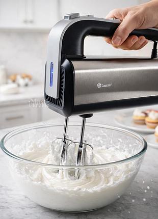 Миксер ручной электрический domotec 800 вт с 5 скоростями, турборежимом и насадками. серебристый, r-6664