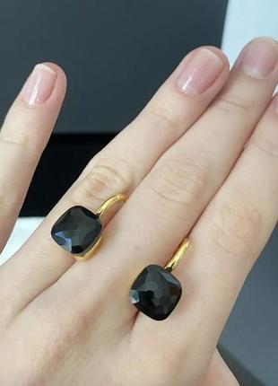 Сережки помеллато италия крючок, позолота (лимонное золото ) черный кристалл / камень черный под агат