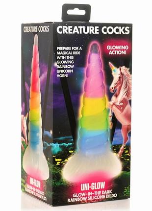Фэнтезийный фаллоимитатор светящийся в темноте creature cocks luminescent rainbow silicone dildo, 19,6х5,2 см. 4