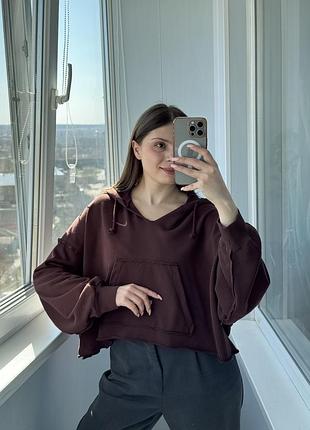 Супер-объемный укороченный коричневый худи nike с необработанными краями 1+1=3