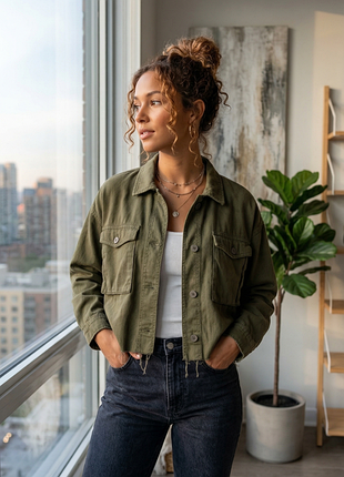 Укороченная джинсовая куртка topshop в стиле милитари (оверсайз) размер 40-42