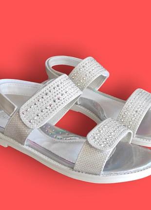 Детские белые, серебро  босоножки сандалии для девочки на липучках  стразы блестящие