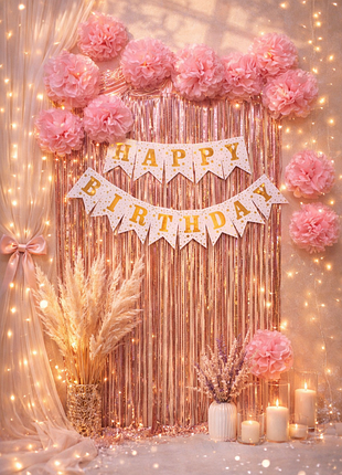 Фотозона happy birthday розовая с шторкой и цветами