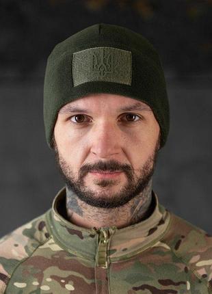 Шапка флисовая хаки с липучкой и гербом. военная шапка хаки