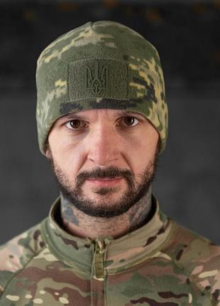 Шапка флисовая пиксель с липучкою и гербом. военная шапка пиксель