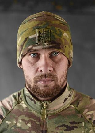 Шапка флисовая с гербом. военная шапка камуфляж