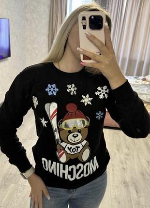 Світшот жіночій moschino з ведмедиком-лижником, чорний, xs-s