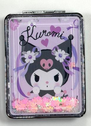 Зеркало карманное косметическое kuromi с блестками прямоугольное 8×6 см компактное