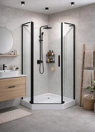 Душевая кабина insana ethna black p91 b 90×90×200 см, пятиугольная, с низким поддоном, прозрачное стекло 6 мм, черный профиль