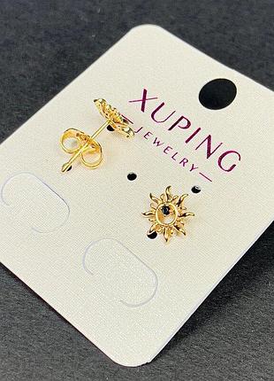 Сережки пусети кульчики xuping з чорним кристалом 9мм+- позолота 18к