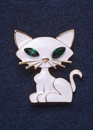 Брошь "котик" белая эмаль металл золото 3,5х3см