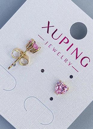 Сережки пусети кульчики xuping серце з рожевим каменем 5мм+- позолота 18к