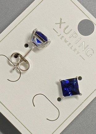 Серьги пусеты xuping с синим кристаллом d-6мм+- родий