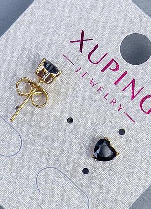 Сережки пусети кульчики xuping серце з чорним каменем 5мм+- позолота 18к