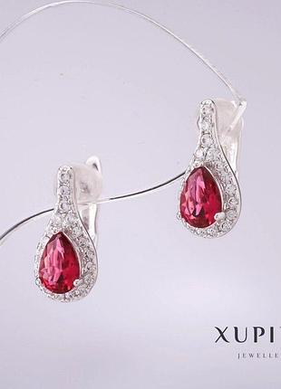 Серьги xuping с красными камнями 15х8мм родий